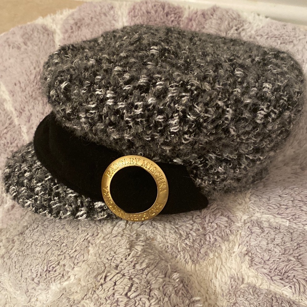Badgley Mischka Gray Bouclé Newsboy Cap with Black Velvet Trim and Gold Accent
